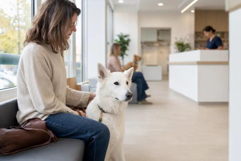 Ein Berger Blanc Suisse sitzt ruhig neben seinem Besitzer im hellen Wartezimmer einer modernen Tierarztpraxis.